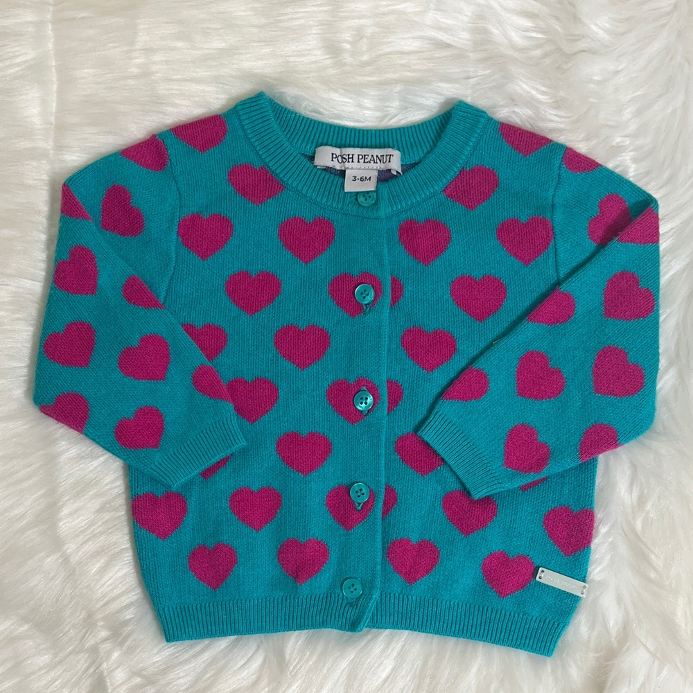 Posh Peanut Turquoise Pink Heart Button Sweater